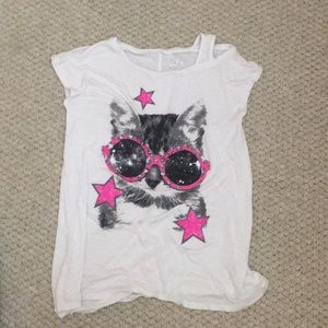 Justice White T-Shirt with cat in pink glasses